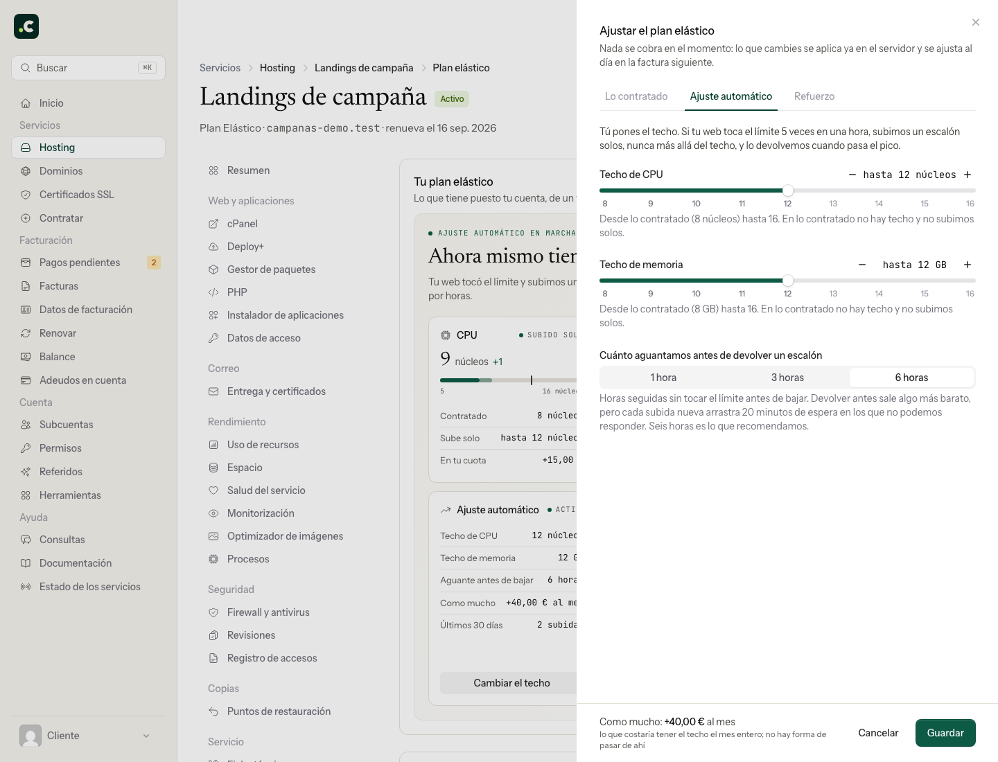 Ajuste automático: techos de CPU y memoria, duración entre ajustes y botón Guardar