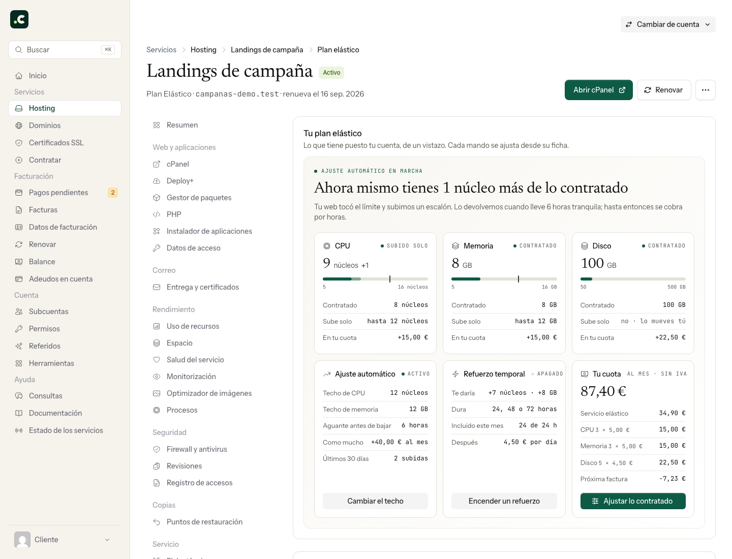 Plan elástico: recursos contratados, recursos actuales, ajuste automático, refuerzo y cuota